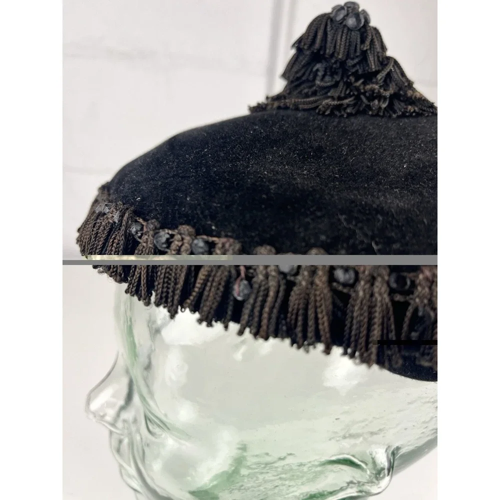 Black Velvet Cocktail Hat Headband Tassel Fringe Flechet France Vintage Evening